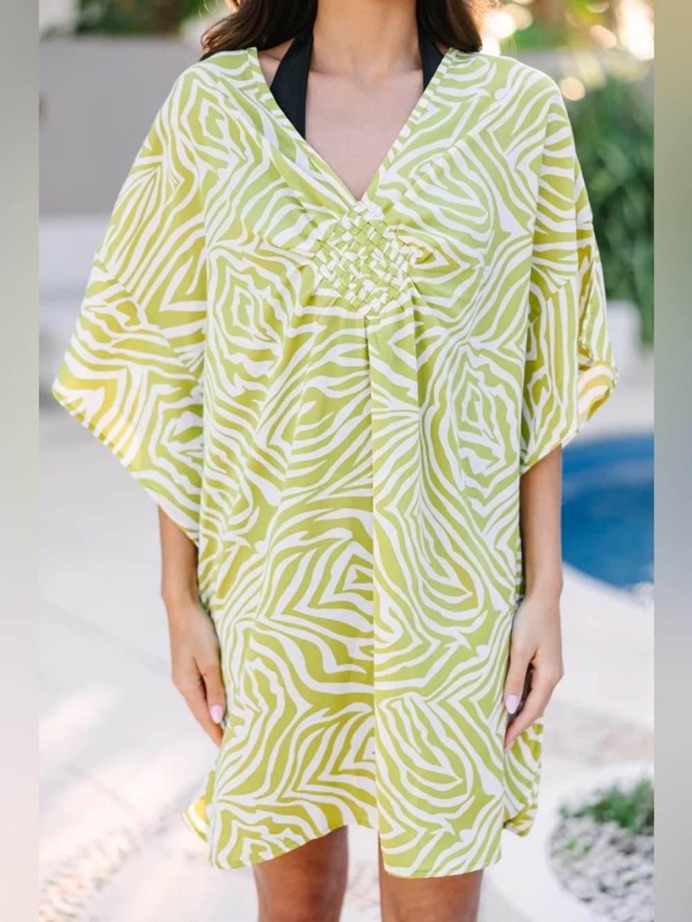 Umgee Lime and White Zebra-Print V-Neck Swim Cover-Up Size S/M